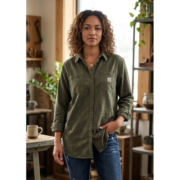 Carhartt Tops - Carhartt Women's Rugged Flex Relaxed Midweight Flannel Tunic Shirt Olive 2X NWT